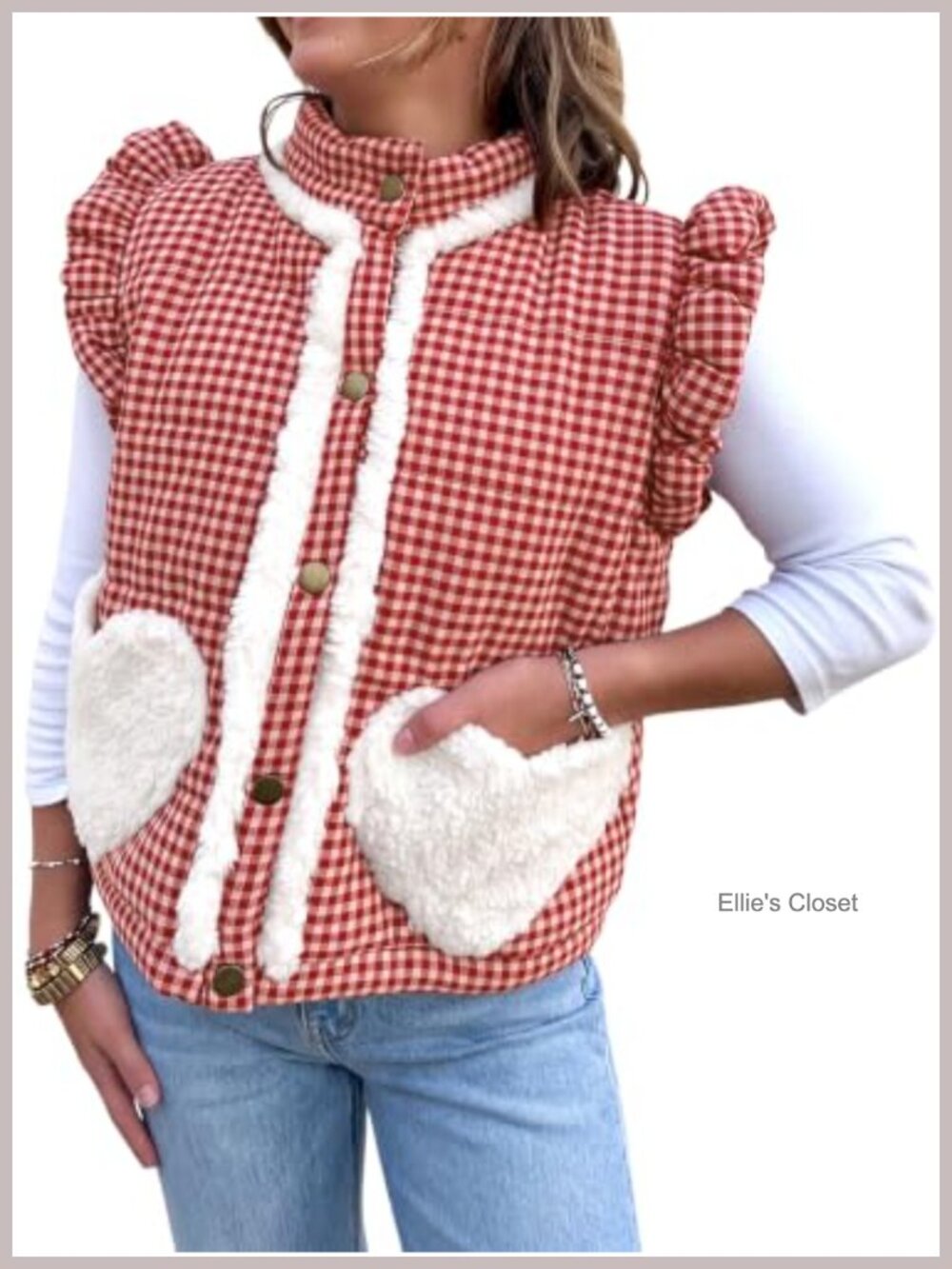 Plaid Puffer Vest Ruffle Sleeve Color Block Padded Gilet